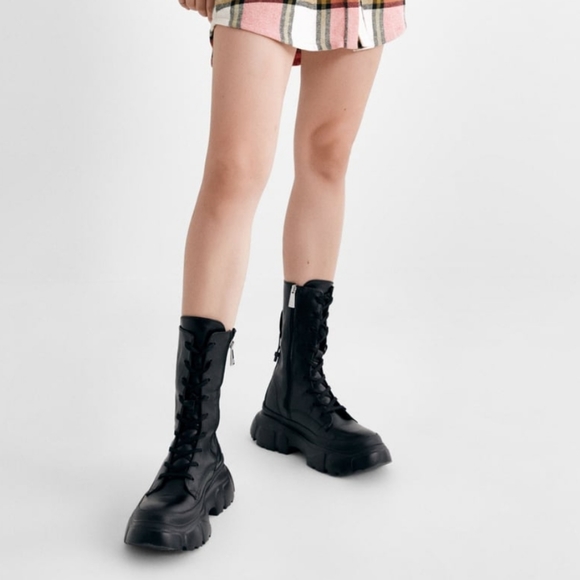 NWT ZARA | Lug Sole Combat Laced Leather Boots - Picture 3 of 16